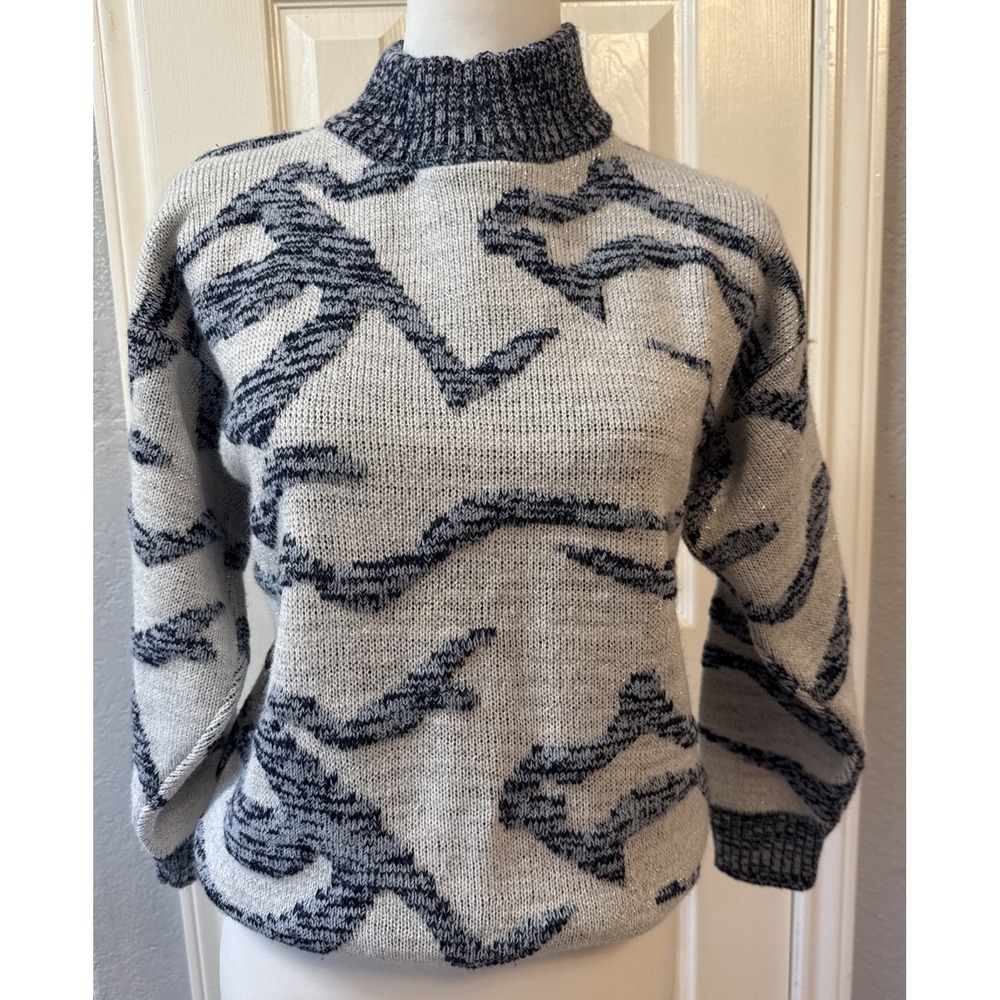 Vintage Weathered Blues Mock Neck Pullover Sweater Womens Rib Knit Glittery Lg‎